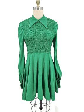 Vtg Jody of California Green Smocked Mini Dress Womens M? Collared Long Sleeve